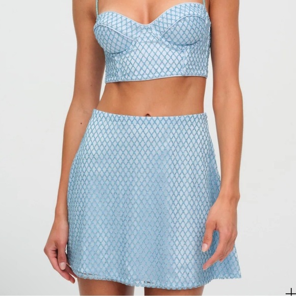 NWT For Love and Lemons Glitter Grid Minitter Grid Mini Skirt Blue Size Large - Picture 2 of 16